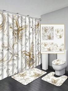 1件/4件套优雅蝴蝶图案浴帘套装，含12个挂钩，防水涤纶面料，可水洗浴垫，防滑地毯，时尚浴室配件，仅限干洗 - A - 查看 7