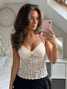 Women Sequin Crochet Knit Camisole Slim Hollow Out V Neck Spaghetti Strap Open Back Tops for Summer Beach Party - Beis - Ver 3