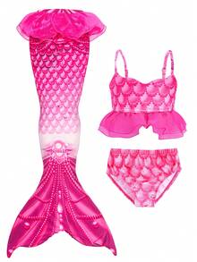 Bộ bikini đuôi cá cho bé gái, áo hai dây phối lưới in họa tiết vảy cá và quần tam giác, bộ đồ đi nghỉ mát 3 món. - Màu Hồng Tươi - Xem 1