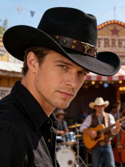 1 pieza Sombrero de vaquero estilo occidental unisex de poliéster, con decoración de toro en estilo vintage, adecuado para uso casual, fiestas de vaqueros occidentales, bares de vaqueros (talla única)