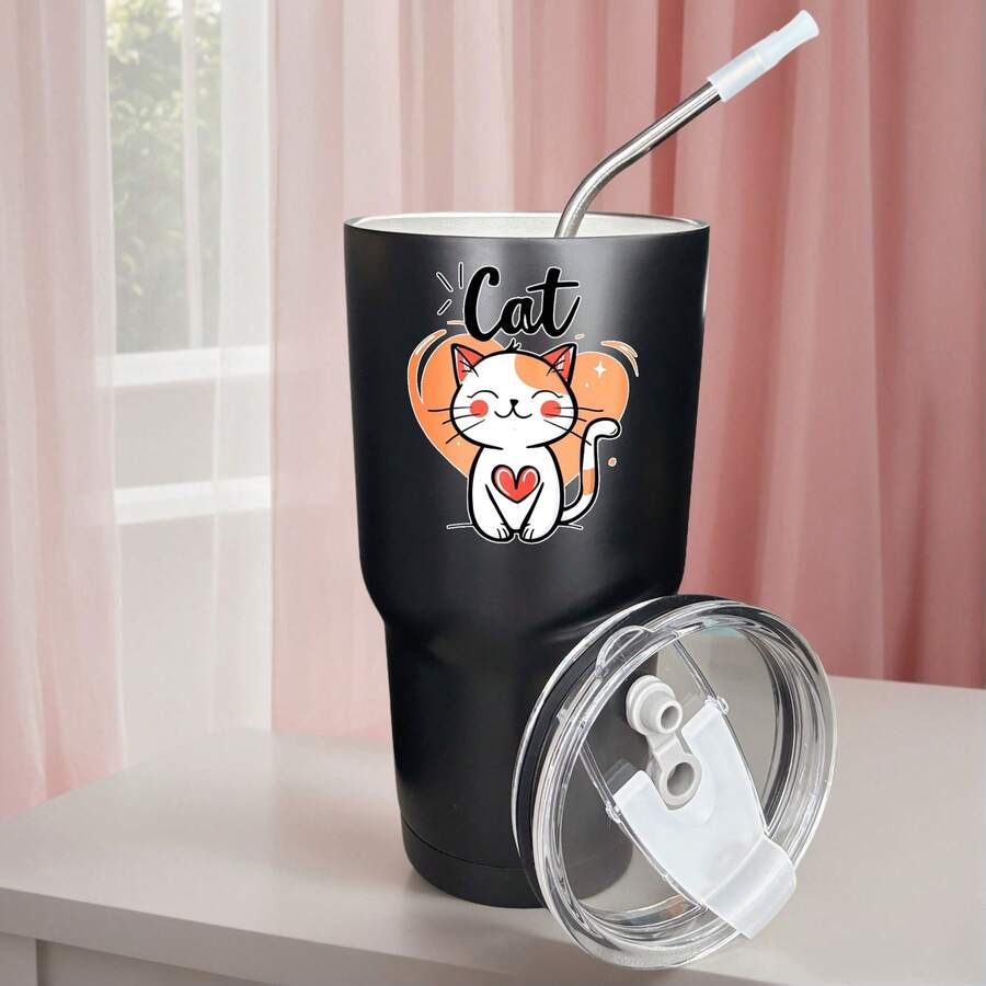 30oz Stainless Steel Tumbler Black White Options, Cat With Heart And Orange Background Graphic Cups, Insulated Travel Coffee Mug With Lid And Straw , Double Wall Vacuum Reusable Travel Cups, Funny Birthday Party Gift For Women & Men - 黑色 - 查看 1