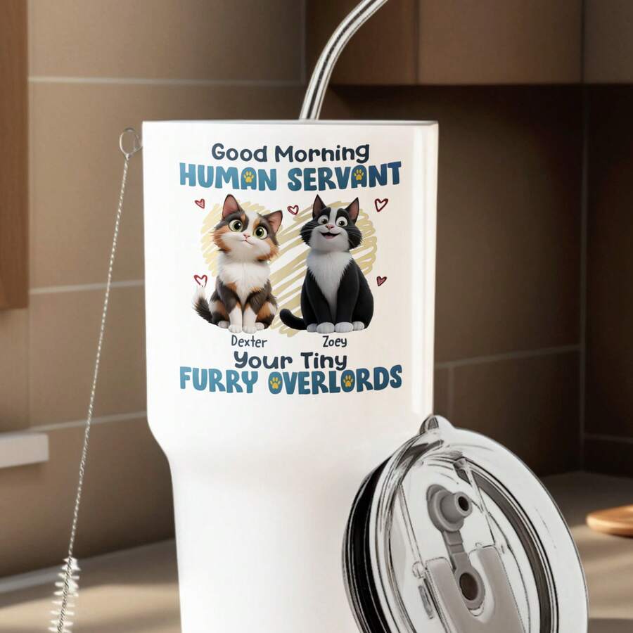 30oz Stainless Steel Tumbler Black White Options, Good Morning Human Servant Furry Overlords Graphic Cups, Insulated Travel Coffee Mug With Lid And Straw , Double Wall Vacuum Reusable Travel Cups, Funny Birthday Party Gift For Women & Men - 白色 - 查看 1