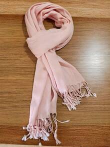 Unisex Black Scarf With Fringe 175*60cm Elegant Comfortable English Style For Winter - 淺粉色 - 查看 2