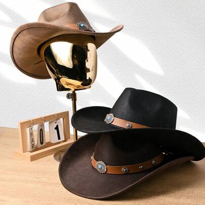 Vintage Western Cowboy Hat With Turquoise Concho, Distressed Texture Breathable Wide Brim Sun UV Protection Hat For Men Women