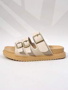 1双女童米色多扣厚底防滑拖鞋，适合日常休闲穿着 - 香檳色 - 查看 5