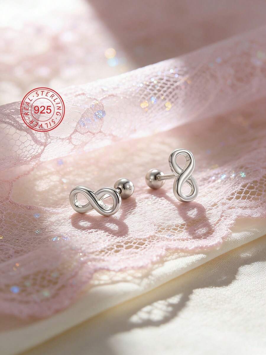 Artepollo 1 par de pendientes de aro de plata de ley 925 hipoalergénicos con símbolo del infinito, número 8, espiral, incluye caja de regalo - Plateado - Ver 1