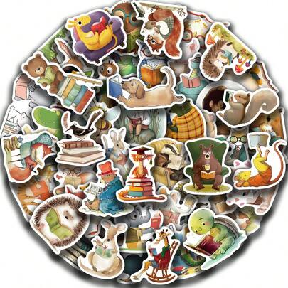 50pcs Animal Reading Stickers, Creative Doodle Stickers, Office Supplies, Mobile Phone And Computer Stickers, High-Value, Exquisite, Cool Stickers, Fun, Classic, Colorful Cartoon Designs, Gift Decorations, Phone Case Decoration Stickers, Reusable, Colorful Cartoon Designs, Suitable For Water Bottles, Skateboards, Mobile Phones, Etc., Perfect For School Supplies And A Top Choice For Holiday Gifts.