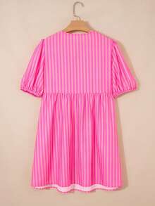 Acelitt Summer Rose Pink Striped Print Half-Button Placket Bow Tie Knot Puff Sleeve High Waist Slim Mini Dress - Multicolor - View 6