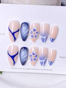 10 móng tay giả thủ công, móng ngắn, móng hình hạnh nhân, màu nude, xanh nhạt, kiểu Trung Quốc mới, thiết kế thanh lịch, móng tay năm mới, họa tiết hoa nhuộm tie-dye vẽ tay, trang trí đá và hạt cườm bạc, bao gồm dụng cụ làm móng, dễ dàng gắn và tháo, phù hợp cho phụ nữ và bé gái. - Màu xanh bụi bặm - Xem 3