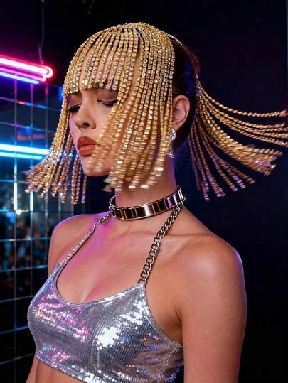 波西米亚风闪亮长流苏水晶头链，魅力派对舞会女性饰品