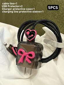 5件套透明酒红色蝴蝶结TPU保护壳，兼容苹果15W/20W充电器，适用于 14/13 Pro Max快充 - 彩色 - 查看 8