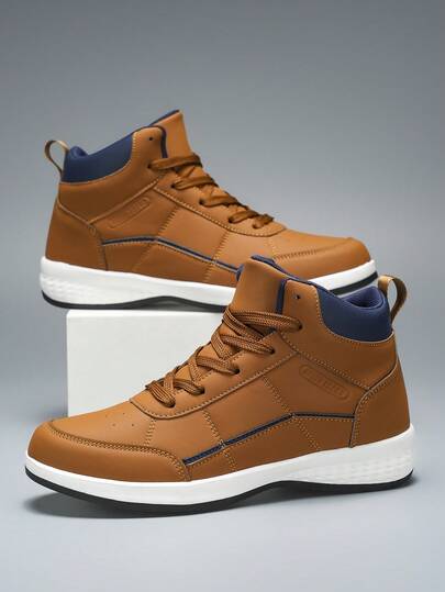 Men's High-Top Casual Sports Shoes - Non-Slip Sole, Lace-Up Closure, PU Material - Suitable For All Seasons, Available In Plus Sizes