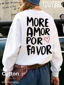 MORE LOVE PLEASE Warm And Comfortable Fleece Lined Sweatshirt With Heart & Letter Design, Soft And Skin-Friendly, Ideal For Casual Outings Or Lounging At Home. This Oversized White Crew Neck Sweatshirt For Women Is Suitable For Spring, Autumn And Winter, With Cartoon Print For A Casual Chic Look. - White - View 2