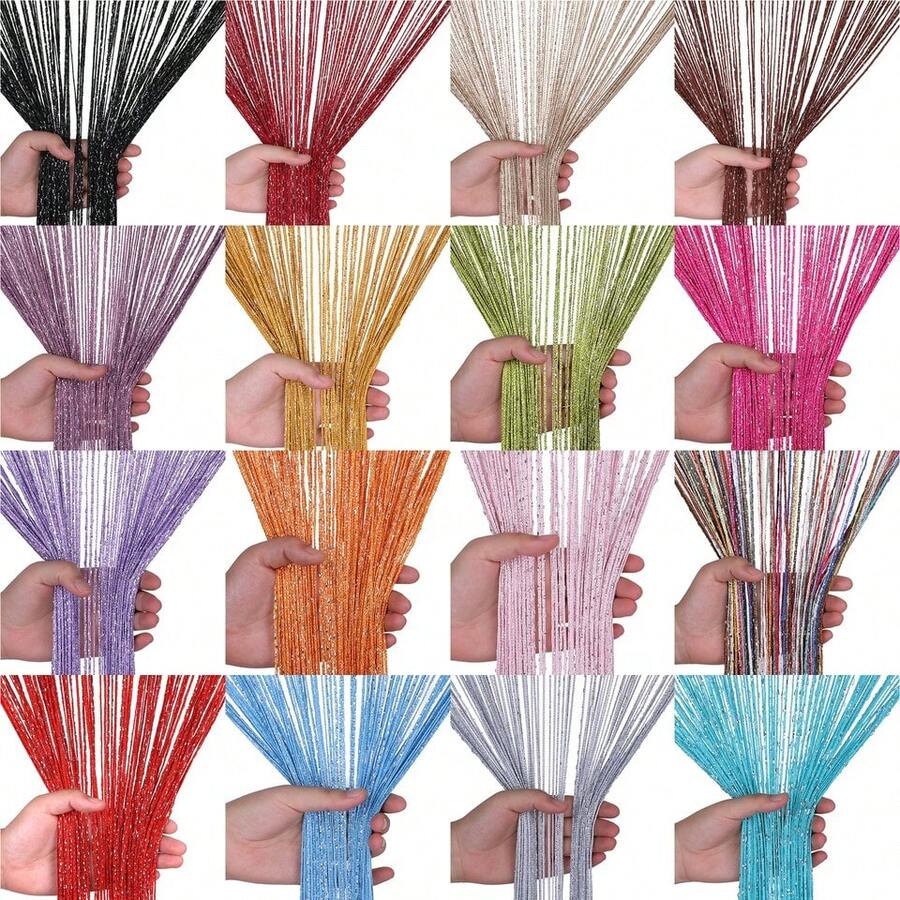 String Curtain Panel, Glitter Door Wall Window Doorways Panel Fly Screen Fringe Room Divider Blinds, Decorative Tassel Ribbon Strip Silver Screen For Living Room, Bedroom, Party Events - A - 查看 1