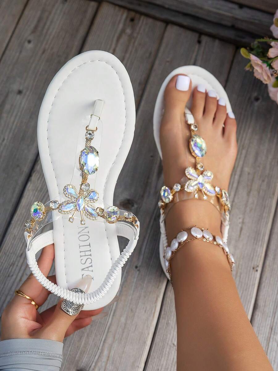 WRCVS White Women's Sandals, Summer Flat Sandals, Outdoor Roman Sandals With Rhinestone Decor, Thong, Lightweight, Comfortable, Sexy Party Sandals With Butterfly Buckle Decor, Random Floral Pattern