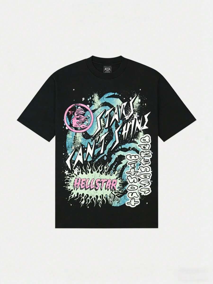 Hellstars Stars Can't Shine Galaxy Y2K Graphic T-Shirt,220g 100% Cotton,Round Neck Short Sleeve,Black Streetwear Essential For Summer Going Out,Unisex Style - 黑色 - 查看 1