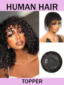 O-Part Kinky Curly Human Hair Topper With Bangs Clip In Hair Extensions Breathable And Bouncy Curls Human Hair Topper Replacement Hair Pieces For Women With Thinning Hair Add Volume Natural Black - Natural Black - View 1