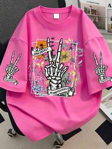 Camiseta de mujer de manga corta con estampado de calavera y flores, camiseta gráfica de estilo casual de primavera y verano - Rosa Fucsia - Ver 1