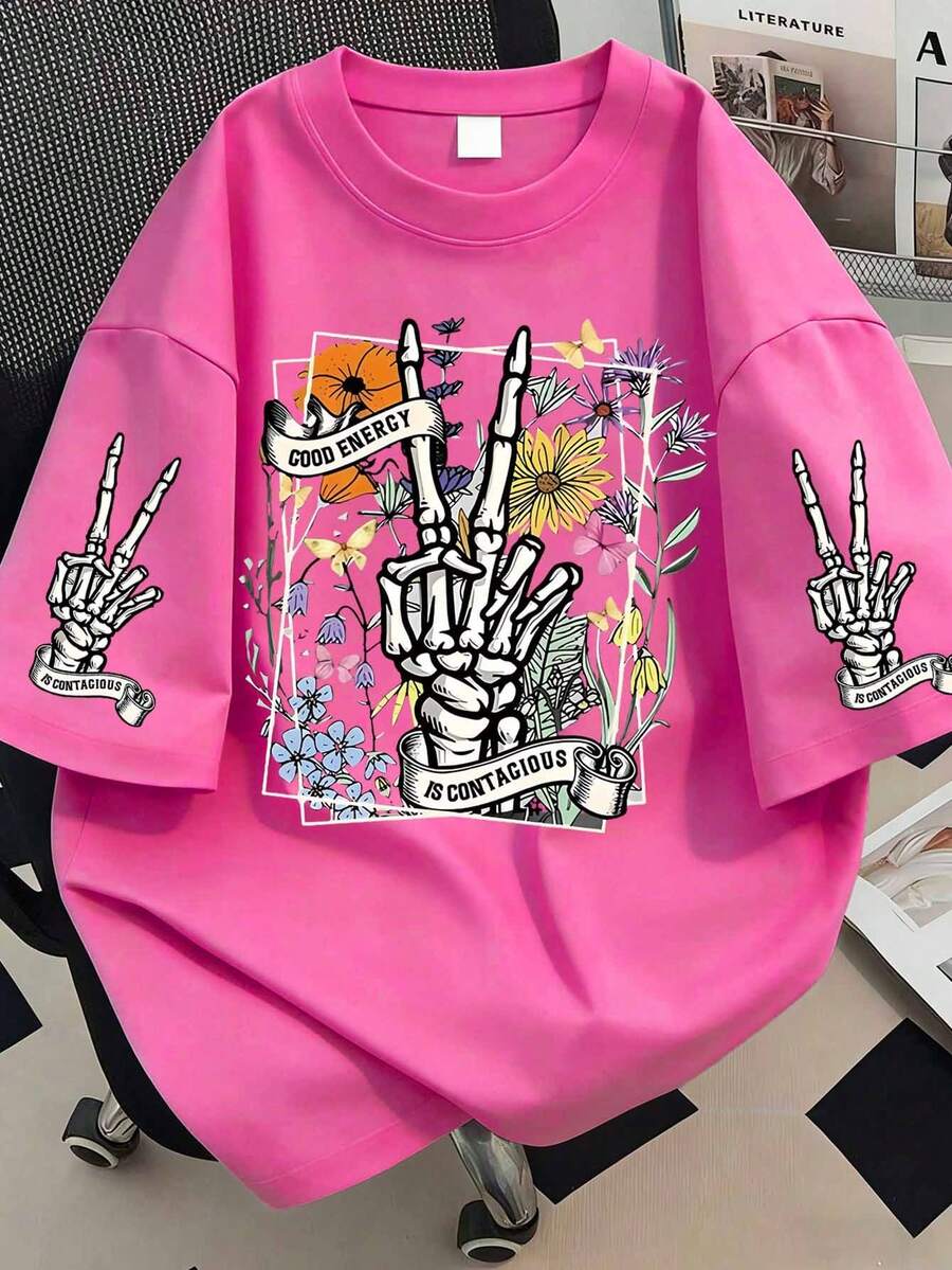 Camiseta de mujer de manga corta con estampado de calavera y flores, camiseta gráfica de estilo casual de primavera y verano - Rosa Fucsia - Ver 1