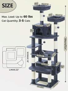 PAWZ Road 184 Cm Large Cat Tree, Cat Tower For Large Cats, Cat House With Sisal-Wrapped Scratching Posts And Padding, 2 Padded Resting Areas, Double House And Basket For Indoor Cats, Deep Grey - Màu xám đen - Xem 4