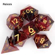 Juego de 7 dados de resina roja con bordes dorados y múltiples facetas, adecuado para juegos de rol RPG y juegos de mesa - Albaricoque - Ver 3
