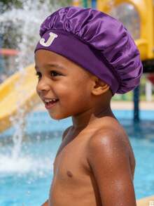 1顶A-Z字母儿童帽，紫色，弹性宽檐丝滑缎面睡帽，超柔软透气设计，带防滑内带，佩戴稳固，保护头发。 - 紫色 - 查看 3