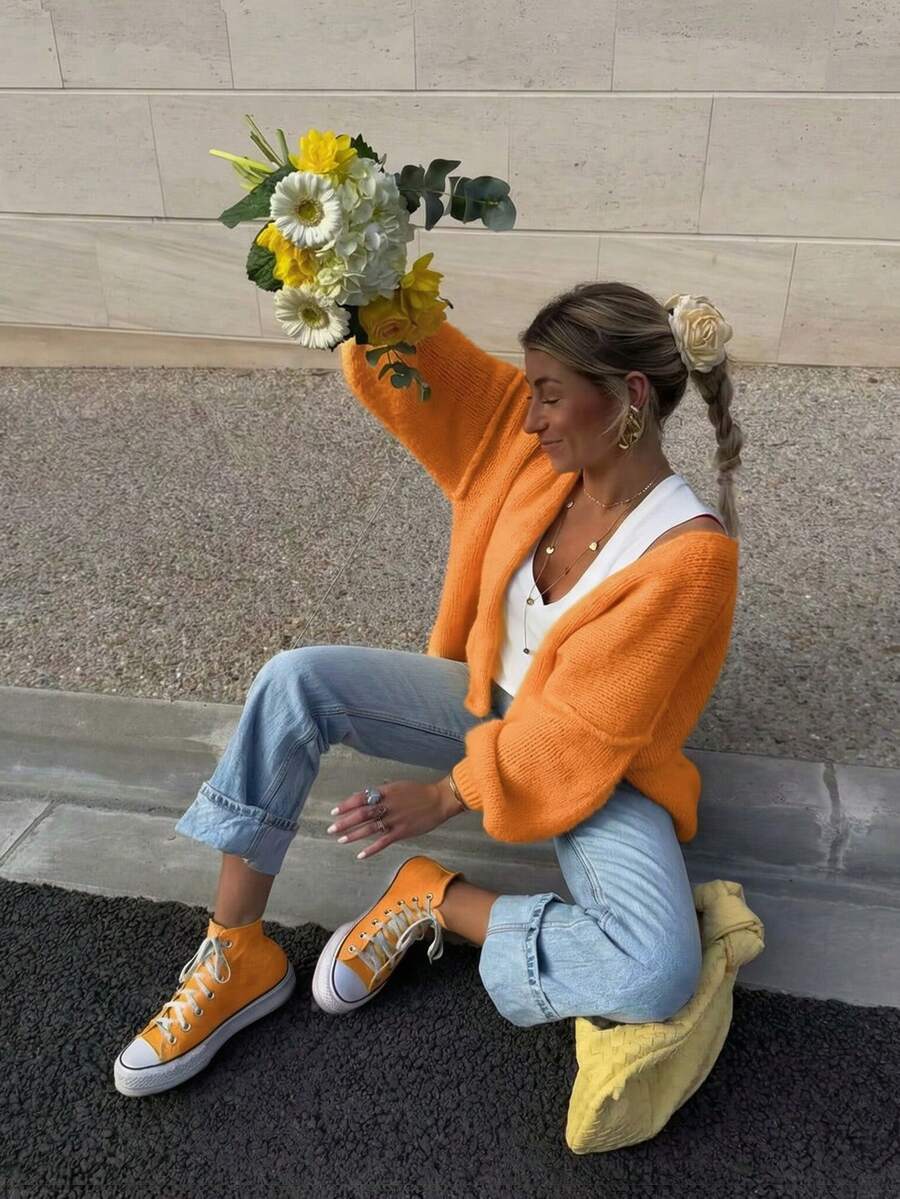 Vibrant Loose Drop Shoulder Design Casual Knit Cardigan, Energetic Style For Women, Autumn/Winter - Orange - View 1