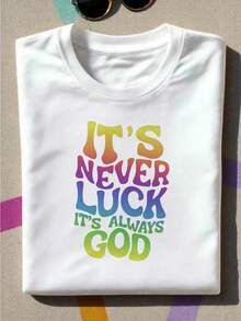 T-shirt femme coloré, << Ce n'est jamais de la chance, c'est toujours Dieu », t-shirt déC-ontracté à manches courtes, 1 pièce, épais eT- Confortable, col rond, doux, charmant, 1 pièce, 100 % coton, t-shirt vintage pour femme, motif 2D, col rond, manches courtes, convient toute l'année. - Blanc - Voir 12