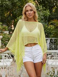 Women Knit Cover-Up, See-Through Solid Irregular Loose Pullover Summer Beach Tops - Yellow - View 1
