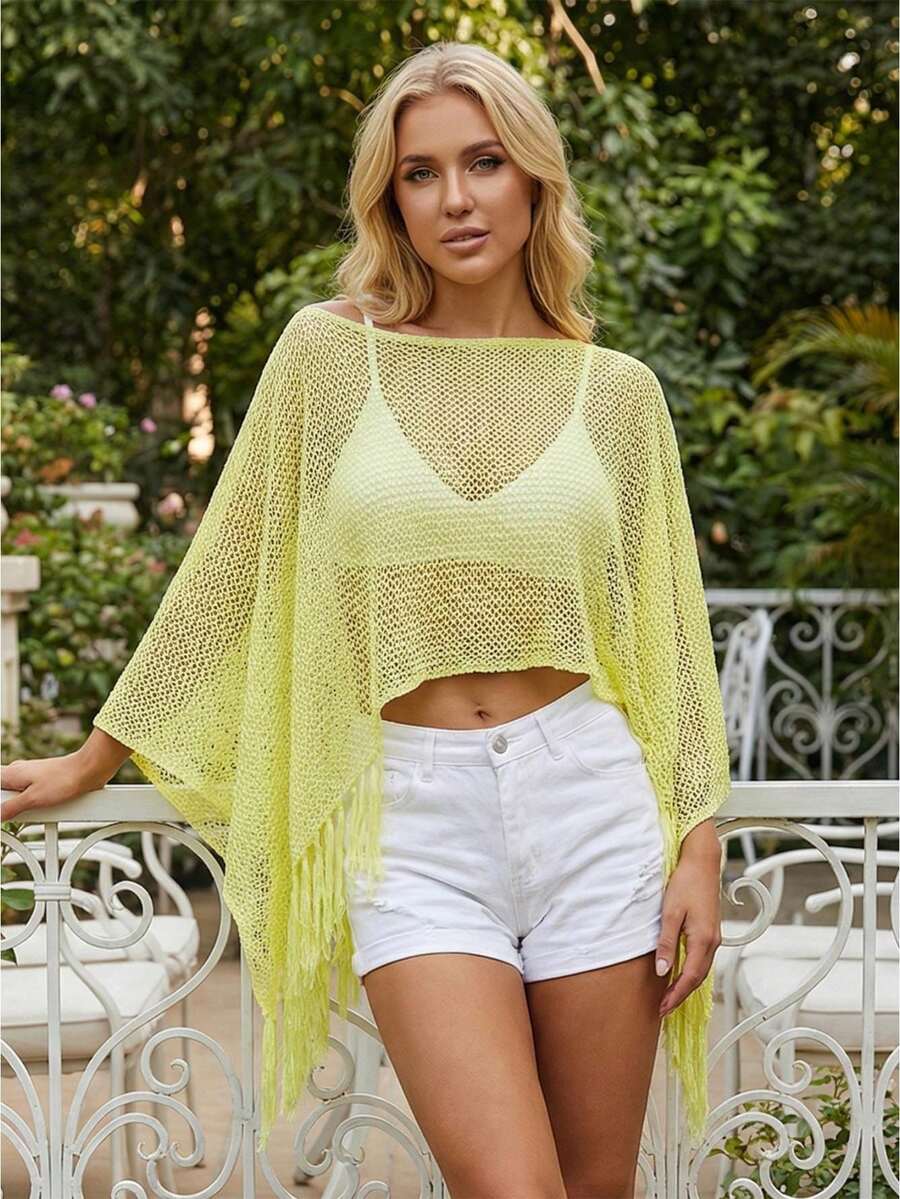 Women Knit Cover-Up, See-Through Solid Irregular Loose Pullover Summer Beach Tops - Yellow - View 1