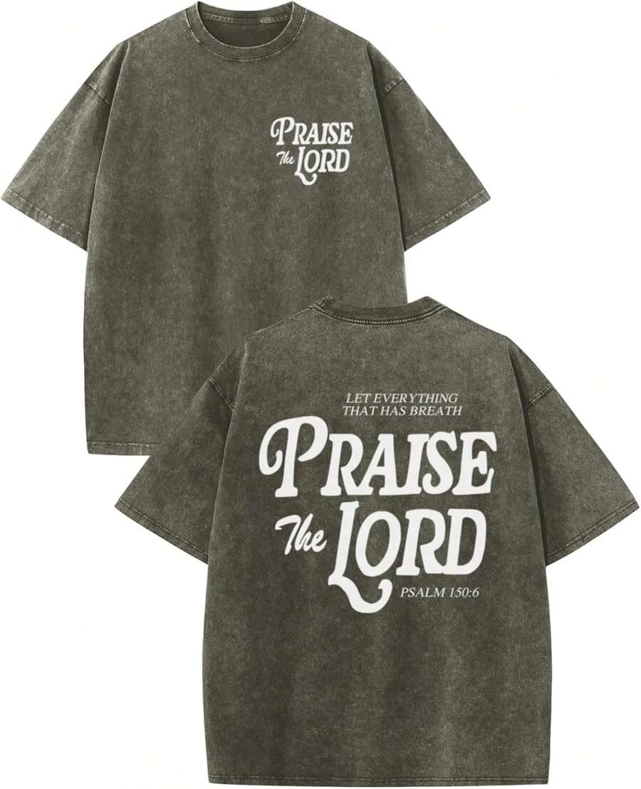 100% Cotton Christian Jesus Shirts For Men Religious Praise The Lord Bible Verse Shirt Oversized Graphic Tees Acid Wash Tshirt- Unisex Women's & Men Campus Daily Wear - 綠色 - 查看 1