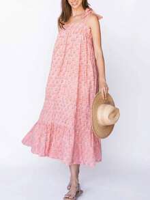 Women Summer Boho Tie Shoulder Dress Y2k Floral Smocked Flowy Shoulder Tie Dress Ruffle Vocation Sundress - Pink - View 2