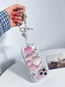 1个粉色贝壳印花海洋元素加厚高透明防摔手机壳，搭配金属蝴蝶结珍珠挂绳，适合自用或送礼，兼容苹果 11/12/13/14/15 Pro Max，三星Galaxy A04/A05/A13/A14/A15/A24/A25/A35/A54/A55/S23/S24 - 彩色 - 查看 3