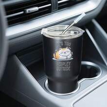 30oz Stainless Steel Tumbler Black White Options,  It's Too Peopley Outside Cat Print Graphic Cups, Insulated Travel Coffee Mug With Lid And Straw , Double Wall Vacuum Reusable Travel Cups, Funny Birthday Party Gift For Women & Men - 黑色 - 查看 2