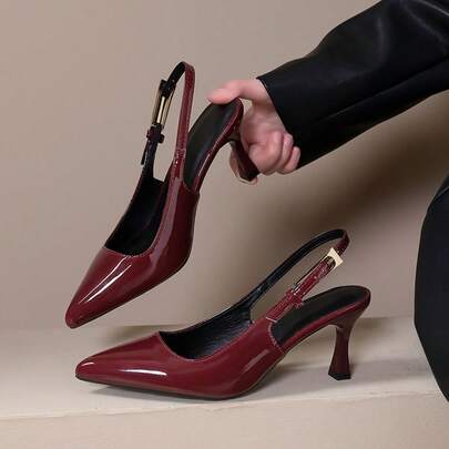 Women's Spring/Summer New Burgundy Patent Leather Pointed Toe Kitten Heel Pumps, Elegant Formal Dress Shoes With Buckle Closure, Closed Toe Party High Heels With Backstrap