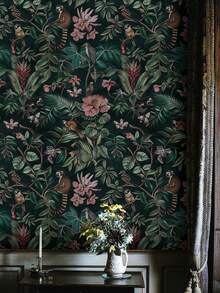 Dark Jungle Wallpaper Peel And Stick - Exotic Animals, Tropical Plants, Birds And Floral Mural - 1PC - View 2