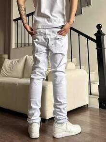 Men's Jeans With Splattered Ink, Ripped Holes, Slim Fit And Stacked Feeling, Suitable For Fashionable Pencil Shorts For Men And Women - White - View 8