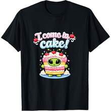 Cute UFO Pun I Come In Cake Alien Space Graphic T-Shirt All Seasons,220g Pure Cotton Single-Sided Printed Crew Neck Short-Sleeved T-Shirt,Unisex Top,Base Layer - 顏色2 - 查看 1
