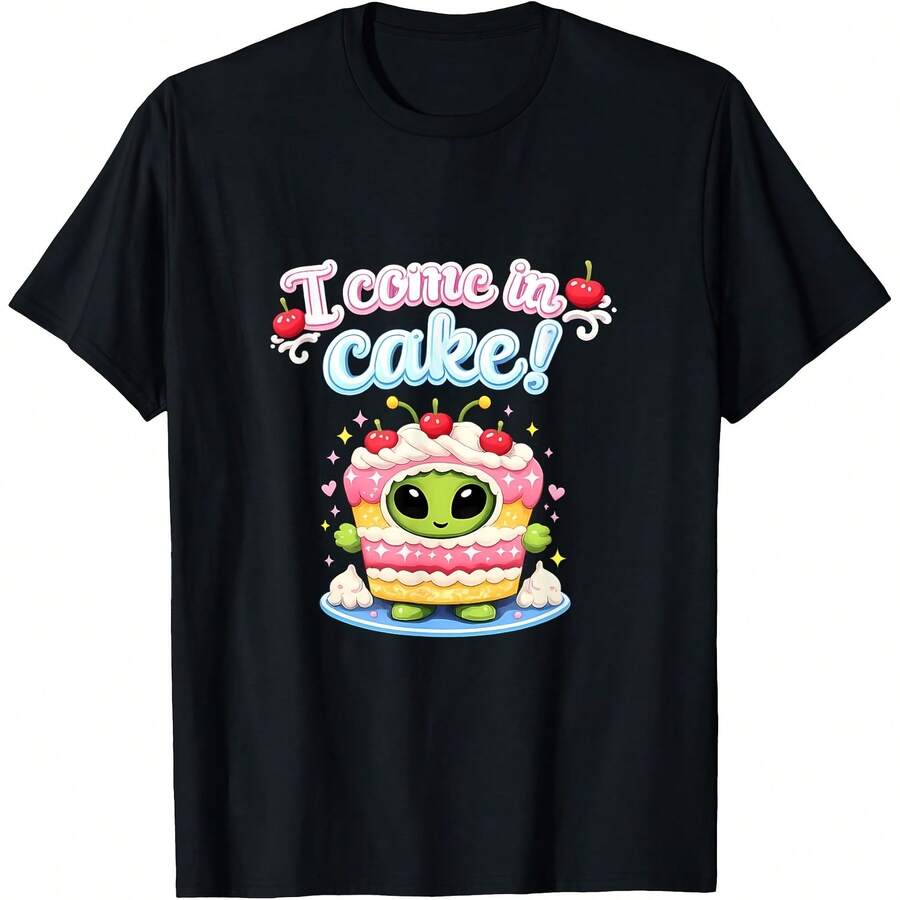 Cute UFO Pun I Come In Cake Alien Space Graphic T-Shirt All Seasons,220g Pure Cotton Single-Sided Printed Crew Neck Short-Sleeved T-Shirt,Unisex Top,Base Layer - 顏色2 - 查看 1