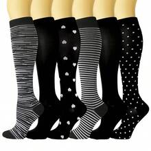 6 Pairs Unisex Black & White Striped Compression Socks, Running Sports Casual Knee-High Socks - Multicolor - View 6
