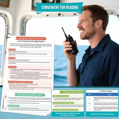 Hướng dẫn nhanh về bộ đàm VHF hàng hải - Thẻ nhựa cứng cáp, vật dụng cần thiết cho thuyền bè, phụ kiện thuyền, tài liệu tham khảo về bộ dụng cụ an toàn, thiết bị và vật dụng thiết yếu cho thuyền phao và thuyền buồm, quà tặng đi biển hoàn hảo cho nam giới, có vòng, 3 chiếc