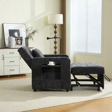 Two-In-One Sleeper Chair, Single Sleeper Sofa, Chenille Armchair (With Cushions And Side Pockets), With A Small Table On One Side And A Storage Bag On The Other, Complete - Dark Grey - View 3