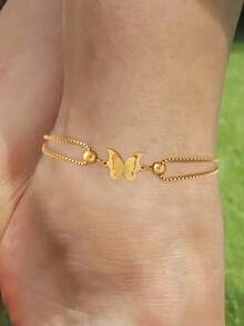 1pc Women Anklet, Matte Butterfly Box Chain, Low Allergy Stainless Steel, Suitable For Daily Wear & Vacation - Gold - View 3
