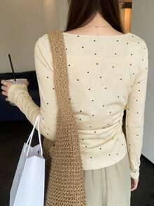 不对称荷叶边系领波点T恤，修身优雅女式衬衫（随机波点）春季 - 杏色 - 查看 5