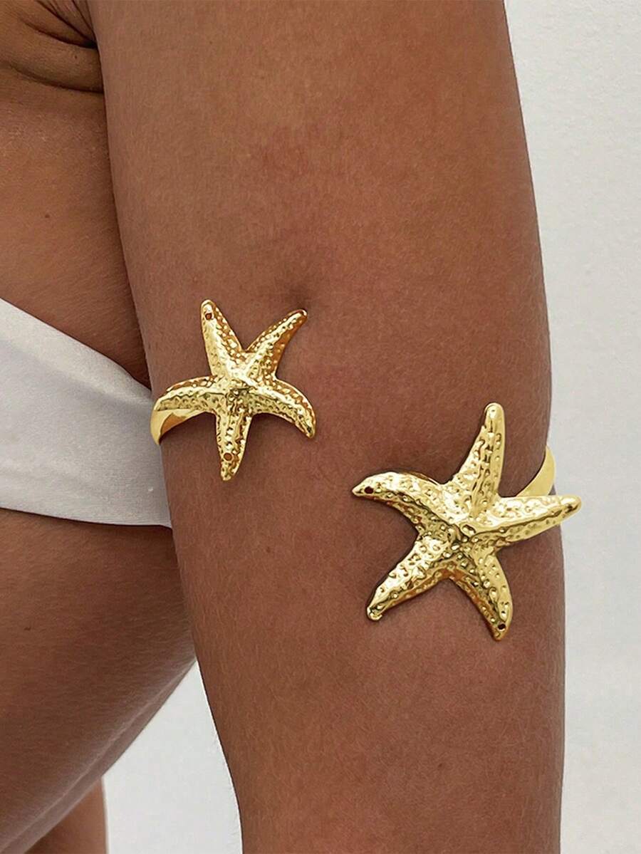 1pc Ocean Style Metal Hammered Starfish Bangle Bracelet, Boho Chic For Party, Vacation, Gift, Daily Wear - Gold - View 1