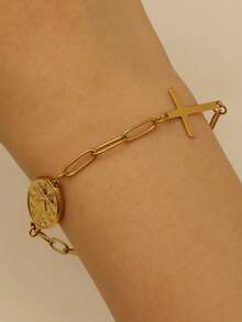 1pc Stainless Steel Jewelry Bracelet, Versatile Cross & Saint Design, Minimalist Elegant High-End Elegant, Suitable For Women's Daily, Party, And Gift Giving - Multicolor - View 7