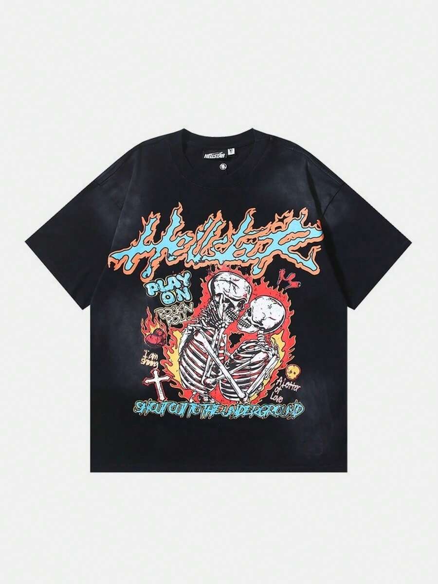 Hellstars Skeleton Couple Rock 'n' Roll Y2K Graphic T-Shirt,220g 100% Cotton,Round Neck Short Sleeve,Black Streetwear Essential For Summer Going Out,Unisex Style - Black - View 1