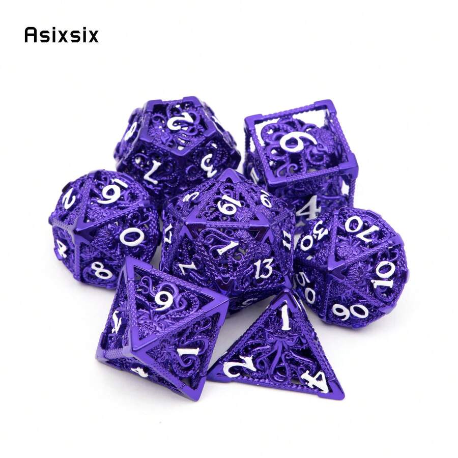 Asixsix 7 Pcs Purple White Squid Metal Dice Hollow Metal Polyhedral Dice Set Suitable For Role-Playing RPG Board Game Card Game - Apricot - View 1