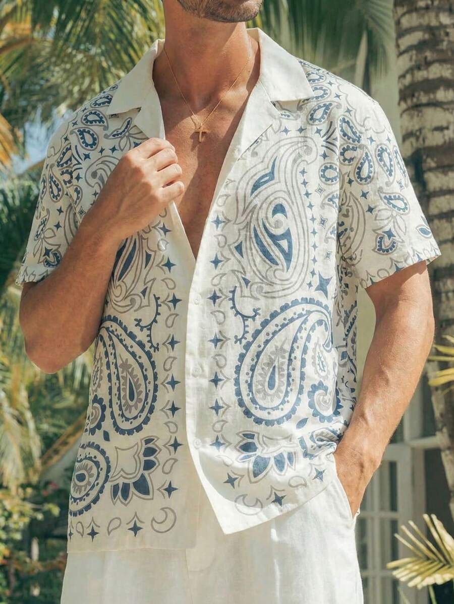地中海风男士提花衬衫，蓝色提花花卉图案，透气夏季度假衬衫，休闲波西米亚海滩纽扣衬衫 - 彩色 - 查看 1