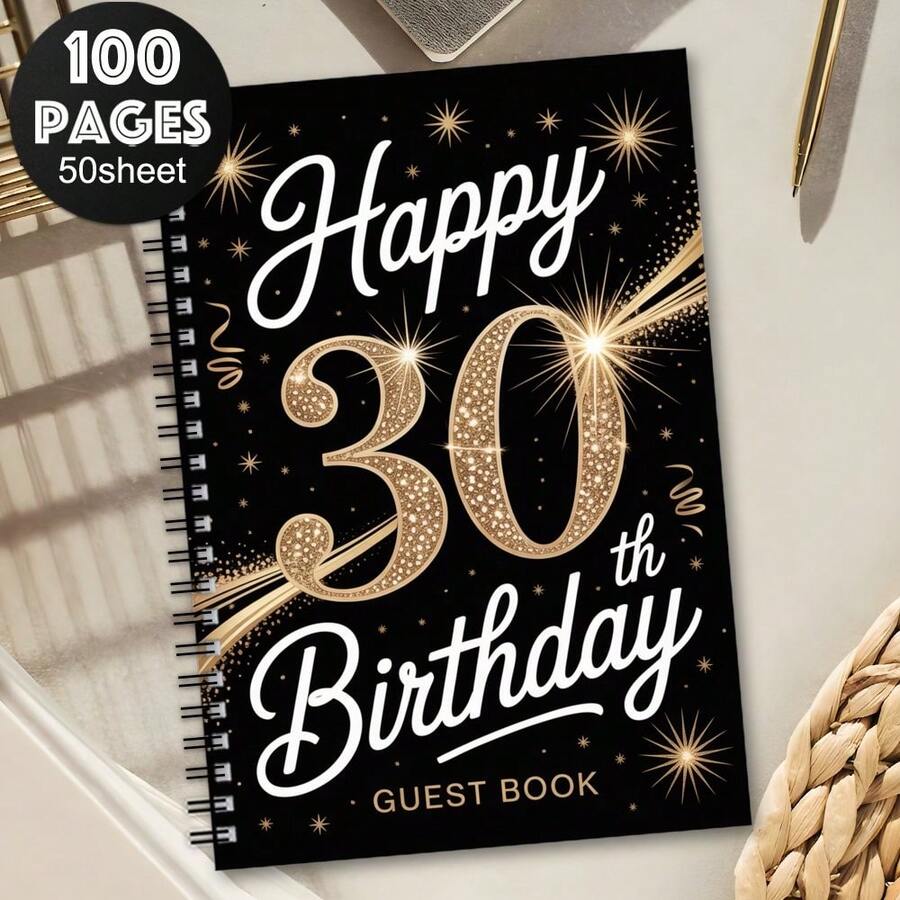 1pc Fashion Birthday Party Spiral Guest Book - Charming Design, Suitable For Special Occasions, 30th Birthday Celebration Guest Registry, Decorated With Golden Glitter Stars And Shiny Accents - A5 - View 1